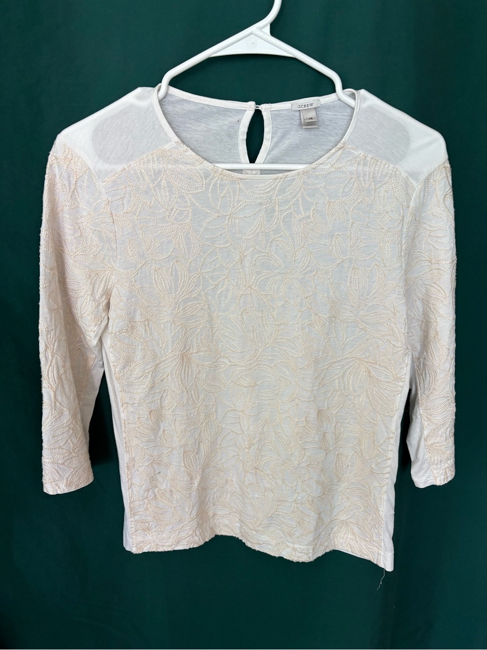 J. Crew Cream Embroidered 3/4 Sleeve Tee